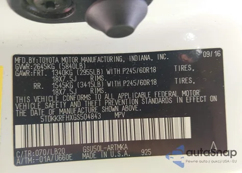 2016 Toyota Highlander Xle V6 from USA, damaged, VIN 5TDKKRFHXGS504843